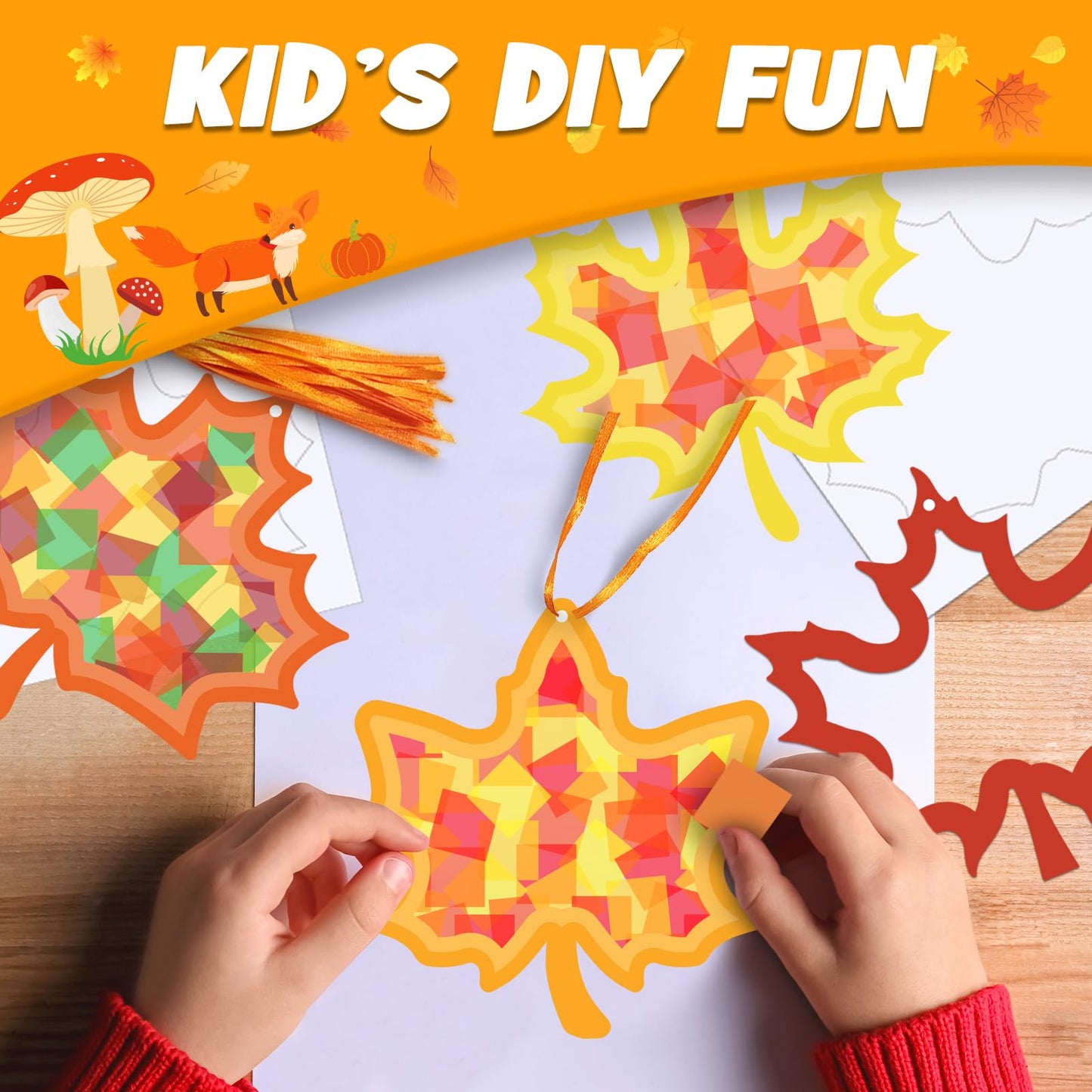 Kepeel 42 Packs Fall Leaf Suncatchers Crafts for Kids, Thanksgiving Leaf Tissue Art Crafts DIY Autumn Maple Leaves Kit Bulk Gift