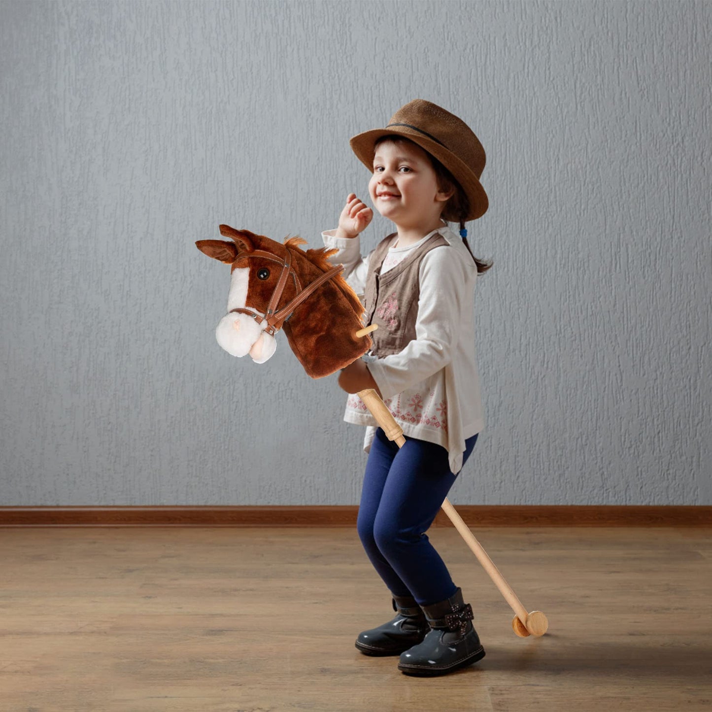 Punp 36'' Plush Horse Riding Stick, Handsewn Head, Sturdy Wood Stick, Plus Neighing & Clip-Clop Sounds