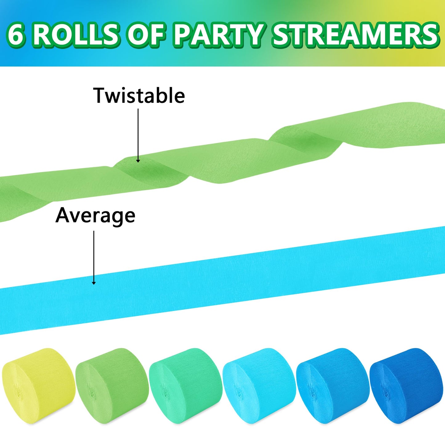 Oun Nana Blue and Green Crepe Paper Streamers, 2.2 x 123 Ft Per Roll, 6 Rolls Birthday Party Streamers for Forest Ocean Theme On
