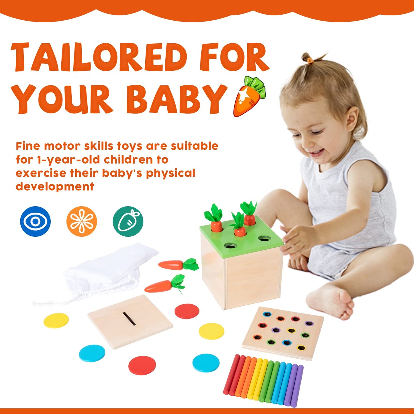Montessori Toys For 1+ Year Old Baby Gifts,Play Kit Box Includes Carrot Harvest Games,Infant Coin Box,Fine Motor Skills Toys And Object Permanence Box,Montessori Toys For Babies 6-12 Month(4-In-1)