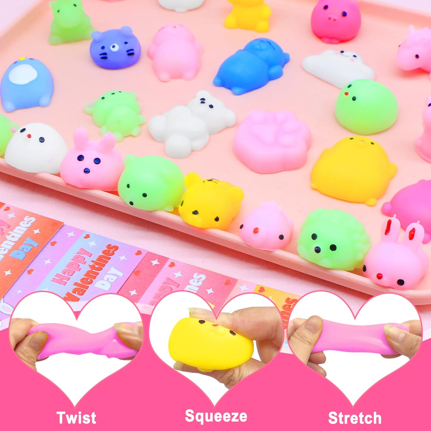 Amenon 28 Pack Valentines Animals Mochi Squishies With Cards Classroom Valentine'S Day Gifts For Kids Prefilled Kawaii Bear Stress Relief Squeeze Fidget Toys Exchange Favor Prizes School Goodie Bag
