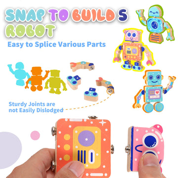 Hdsahdok Wooden Snap Together Building Toys, Stem Blocks Toys, 28 Pcs Robot Take Apart Toys Playset, Montessori Educational Fine
