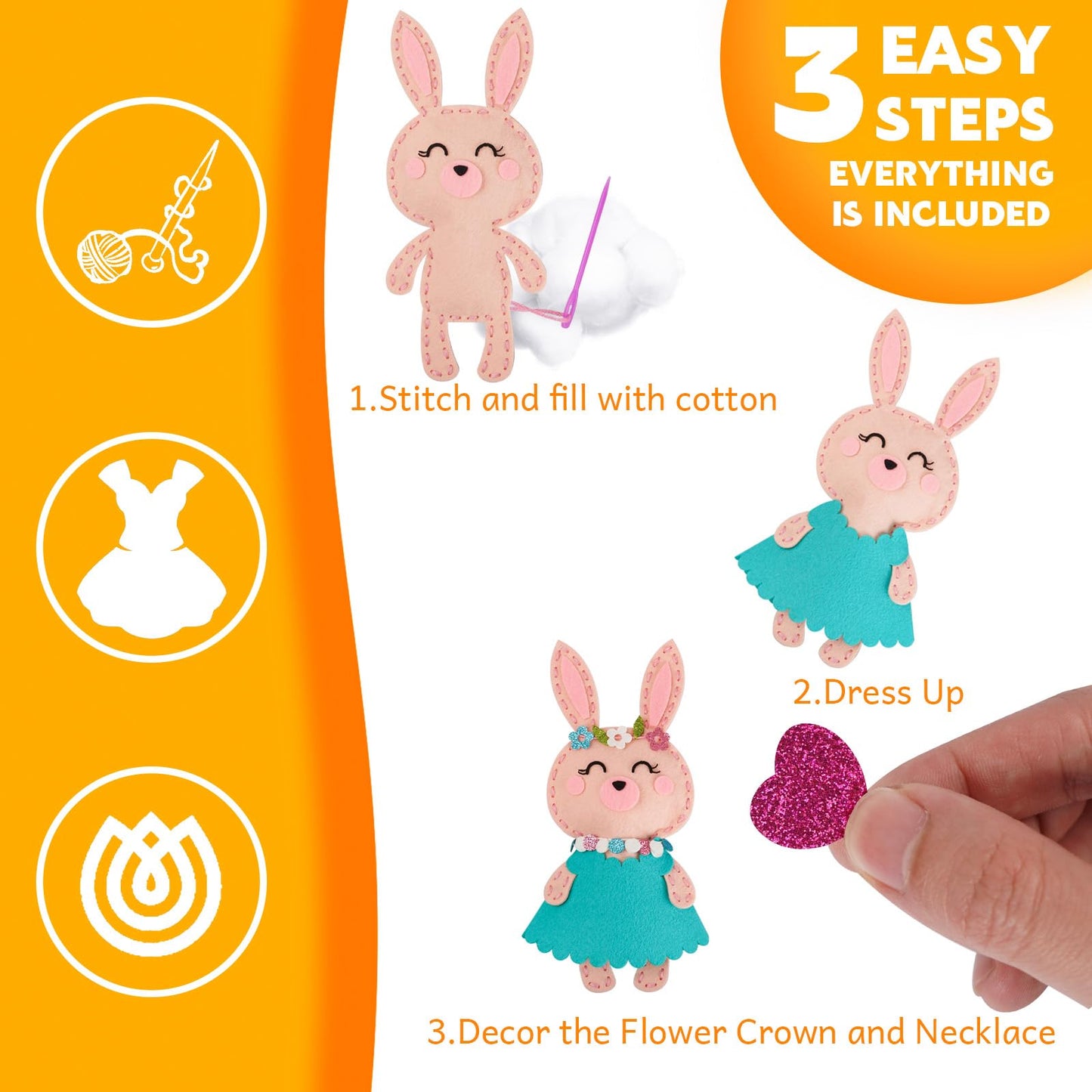 Cymbana Kid Sewing Craft Kit - Make 5 Felt Animal Friends - Panda, Fox, Bunny, Raccoon, Bear - Beginner Friendly, Model FRWW-05