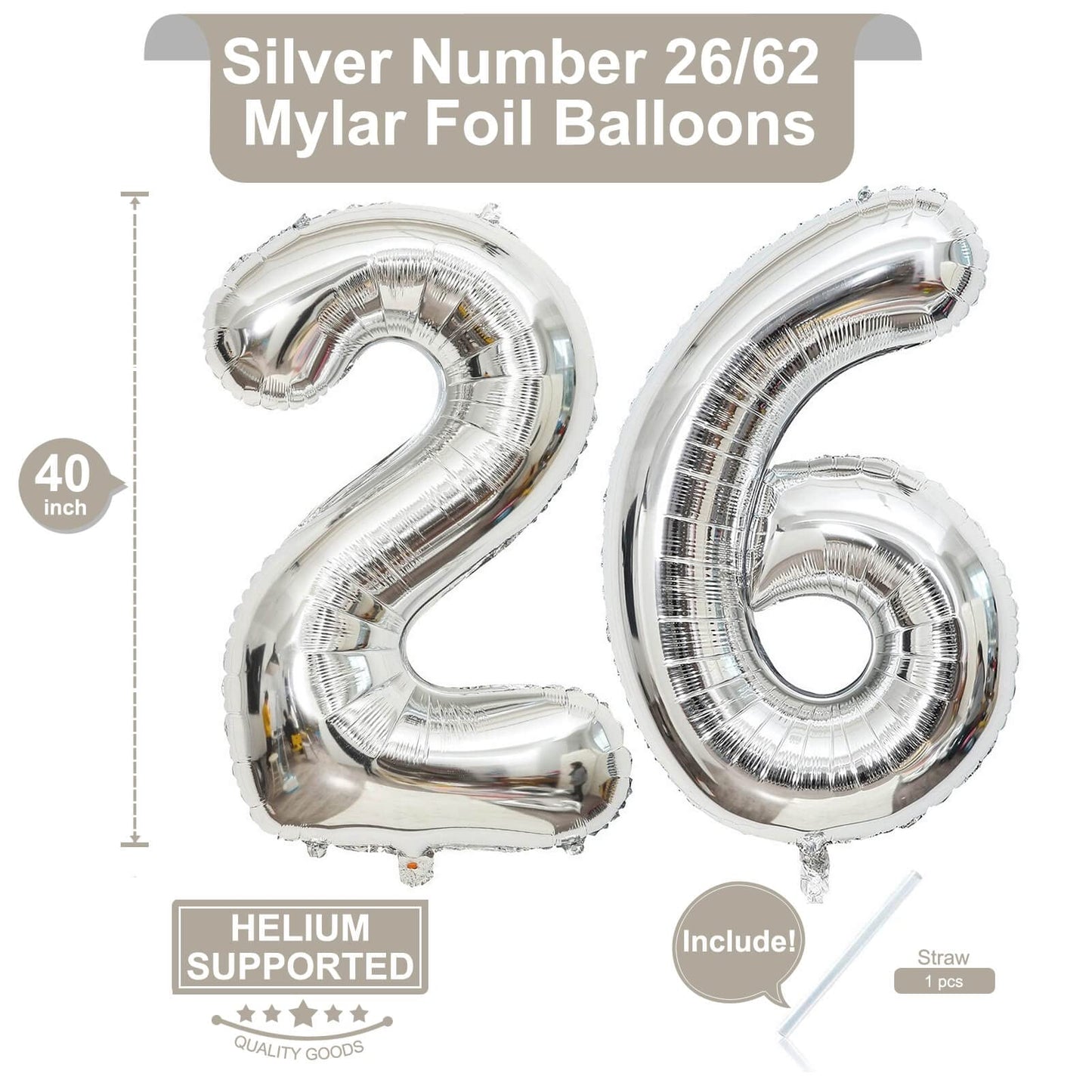 LHOAVWE 40 Inch Silver 26 Number Balloons - Jumbo Mylar Helium Birthday Decor for 26th or 62nd Anniversary Events