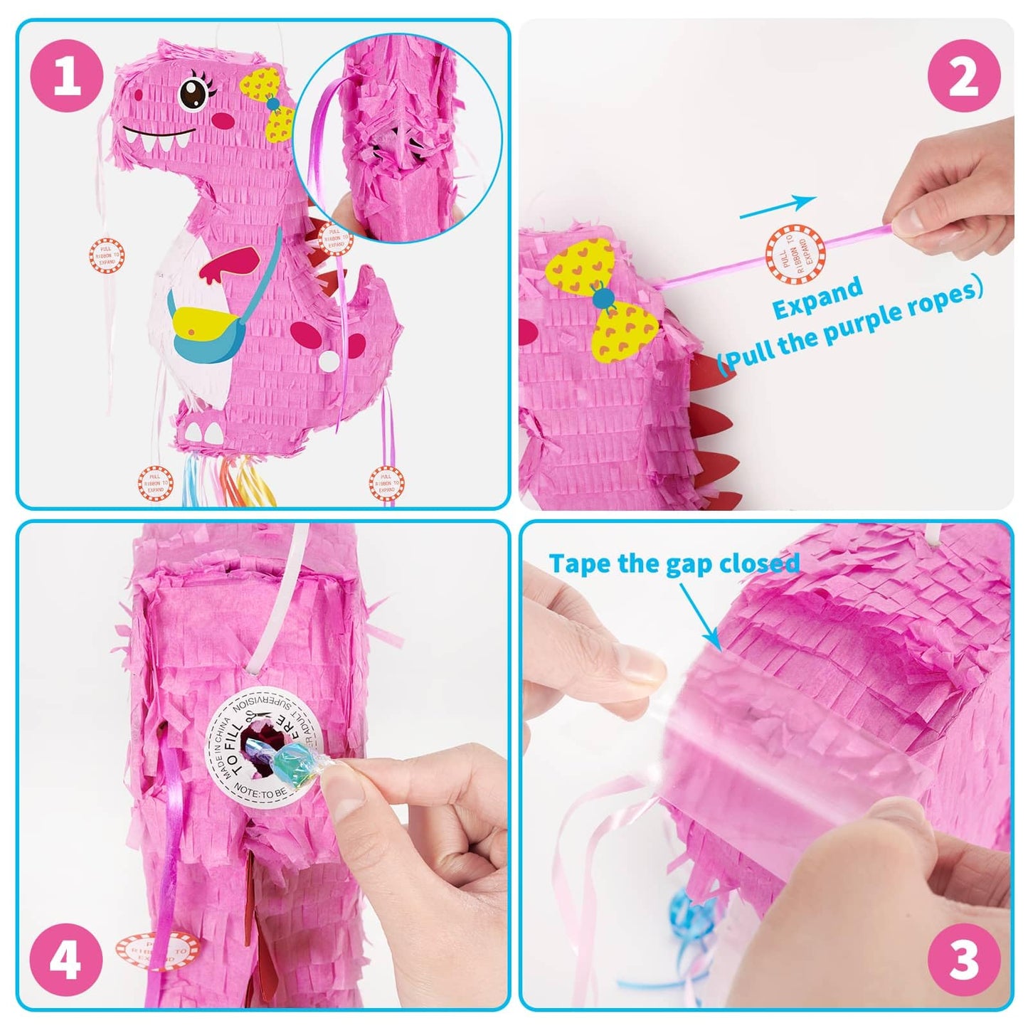 Wernnsai Foldable Dinosaur Piñata - Pull String Dinosaur Birthday Party Supplies Extendable Piñata With Blindfold Bat And Tassels Dinosaur Birthday Decoration Pink Dinosaur Piñatas For Classroom Game