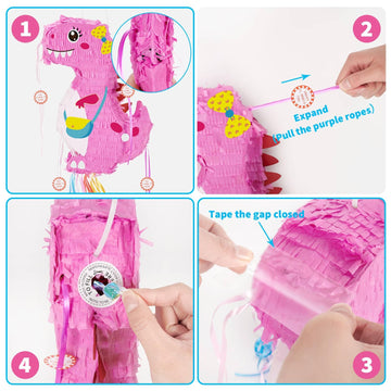 Wernnsai Foldable Dinosaur Piñata - Pull String Dinosaur Birthday Party Supplies Extendable Piñata With Blindfold Bat And Tassels Dinosaur Birthday Decoration Pink Dinosaur Piñatas For Classroom Game