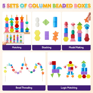 Zgimi Montessori Wooden Toys, Lacing Beads & Stacking Block & Matching Shape Stacker, Montessori Wooden Beads Sequencing Toy Set