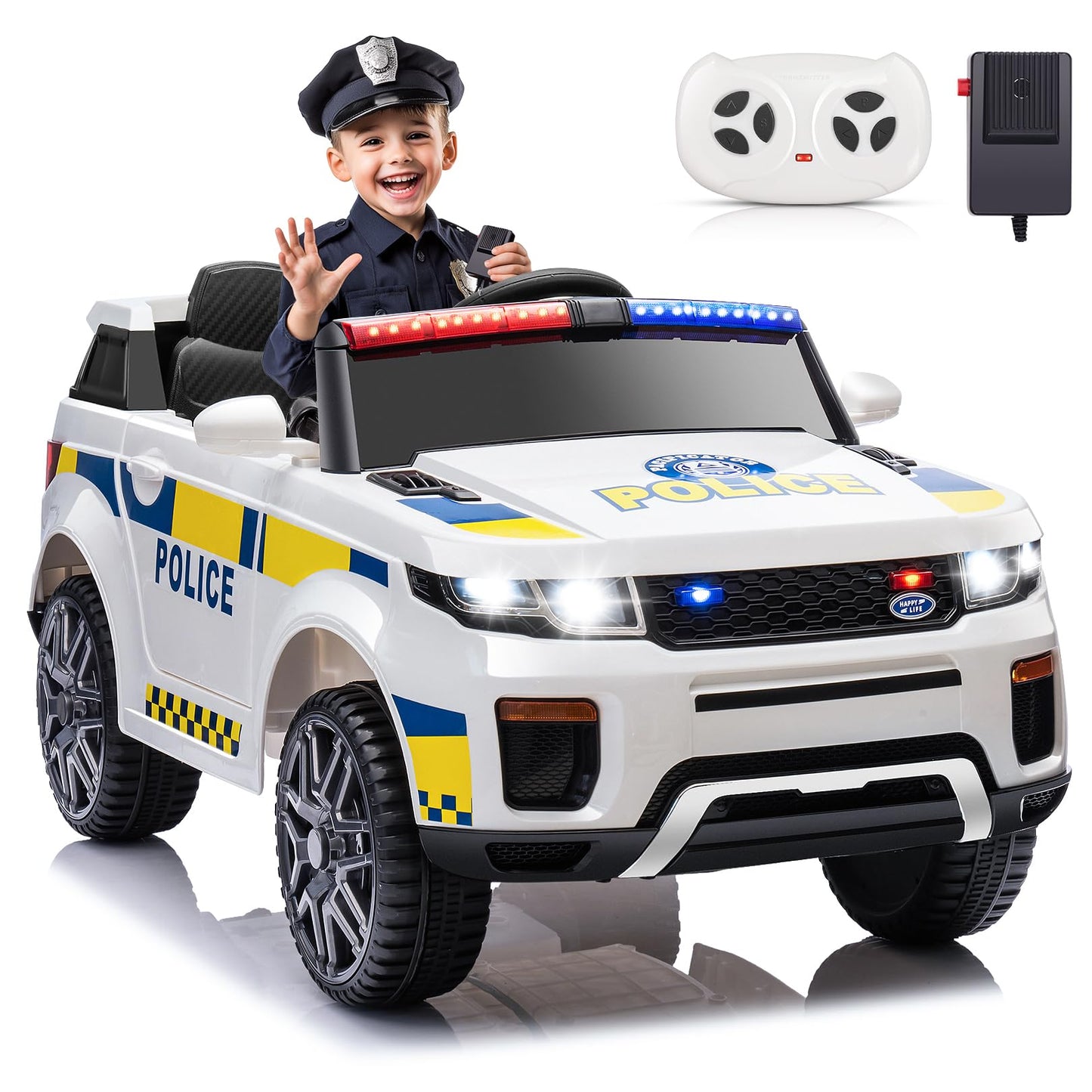 Hikole 12Volt Kids Electric Police Car With Remote Control, Battery Operated Kids Cop Cars, Music, Megaphone, Siren, Flashing Li
