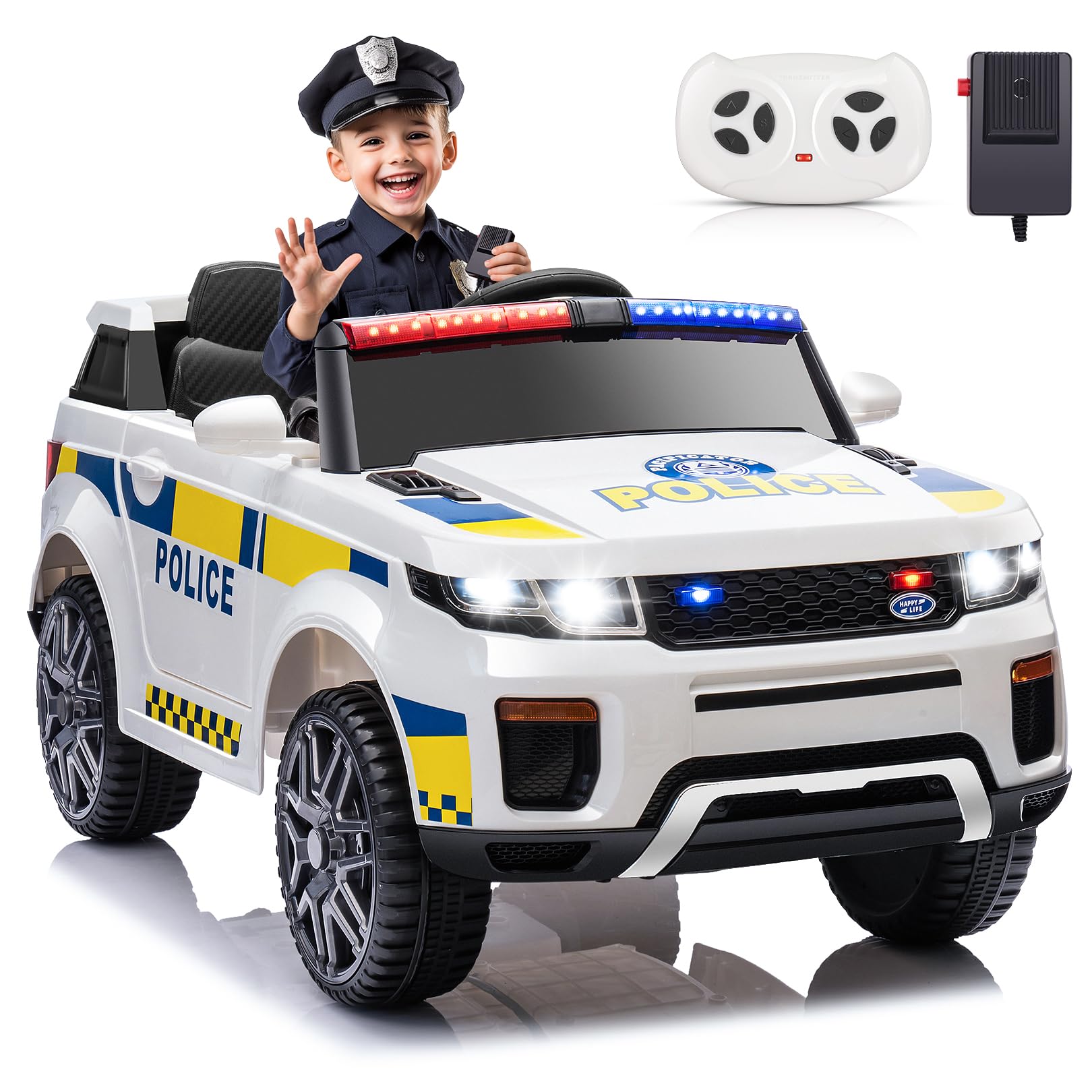 Hikole 12Volt Kids Electric Police Car With Remote Control, Battery Operated Kids Cop Cars, Music, Megaphone, Siren, Flashing Li