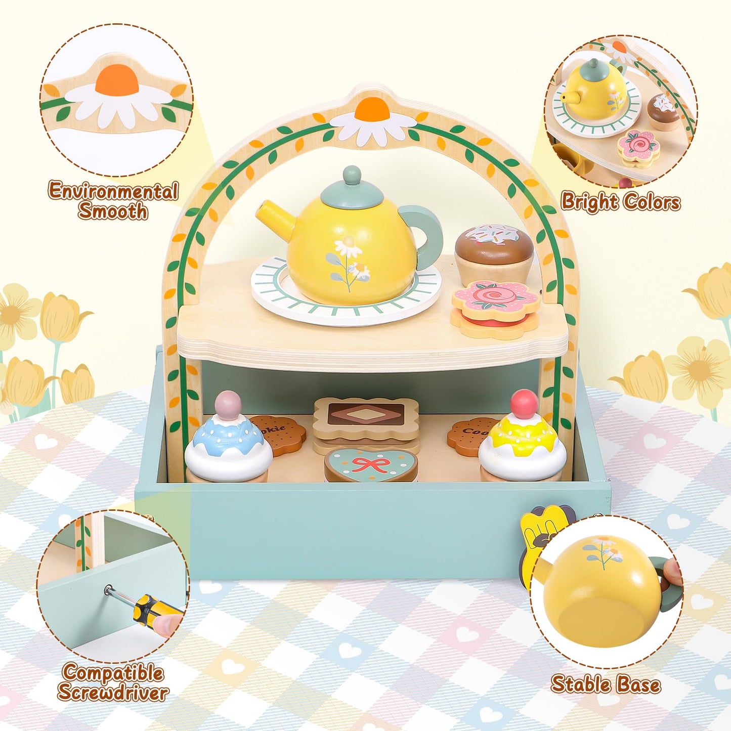 Toyssa Wooden Tea Party Set for Little Girls Toys Toddler Tea Set with Storage Cupcake Stand & Play Kitchen Accessories, Wooden