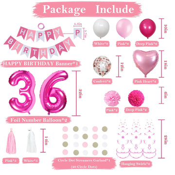 Sweet 36Th Birthday Decorations For Women, Pink And White 36 Happy Birthday Balloons, 36Th Birthday Party Supplies Including Pin