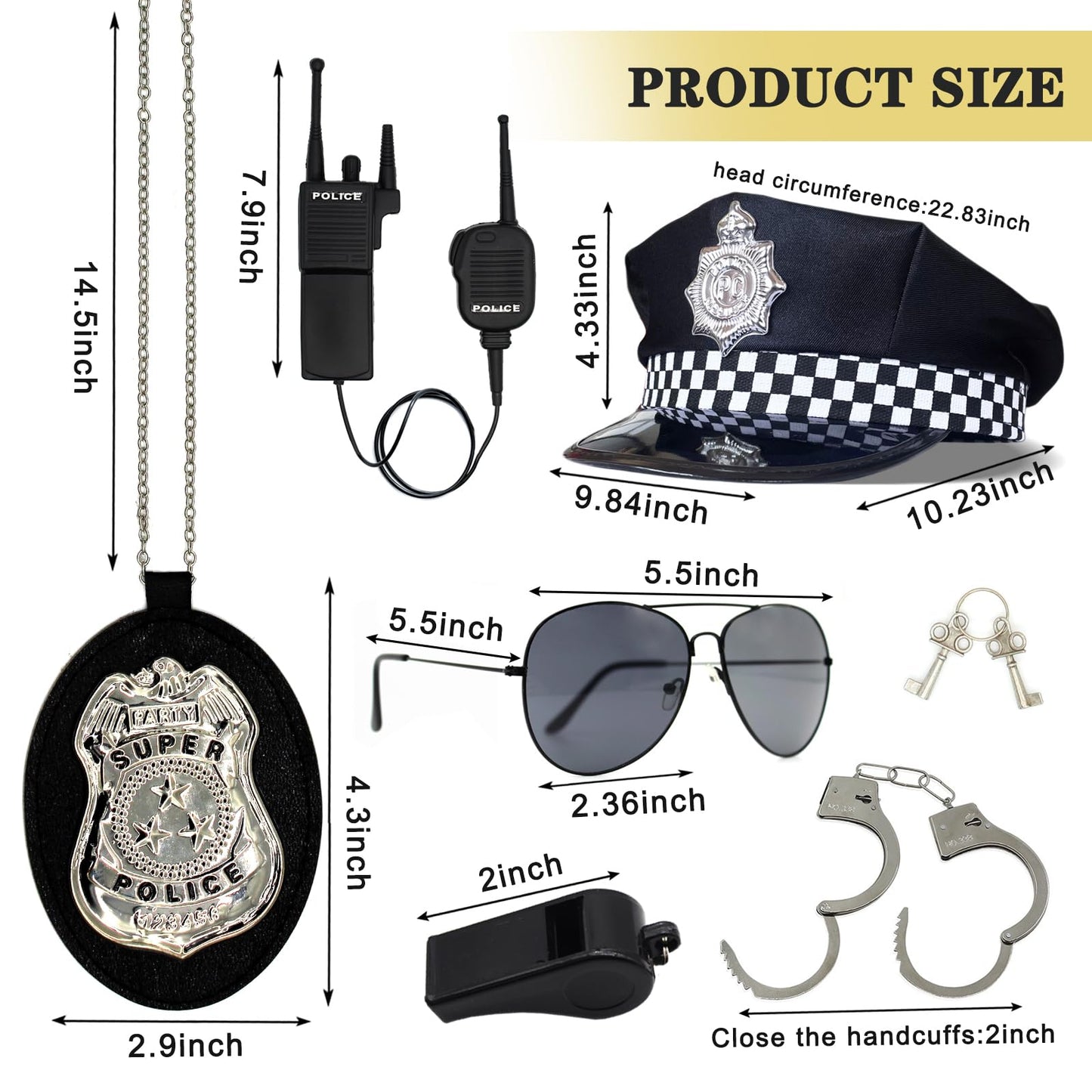 Timisea Police Accessories Kit - 6 Pcs Pretend Play Costume with Hat, Handcuffs, Sunglasses, Walkie Talkie, Badge, Whistle - Medium Size