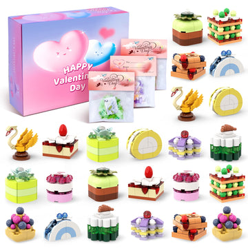 Uiseba Valentines Day Gifts For Kids Classroom/School,24Pcs Dessert Building Blocks And Valentines Cards,Toys For 3+ Years Old G