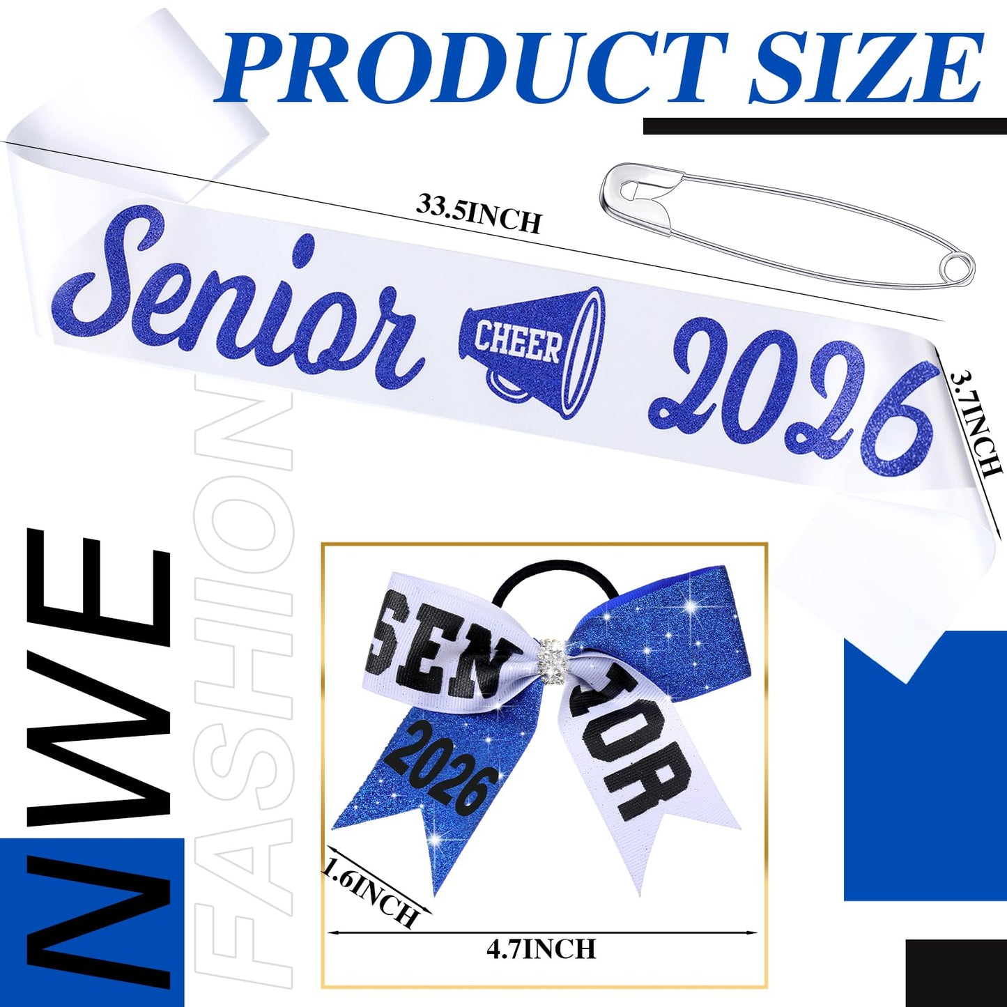 Vinsatin 6 Set Senior Sash 2026 Sport Satin Sash Glitter Cheer Hair Bow Senior Night Decor Cheerleader Gift Girl(Blue)