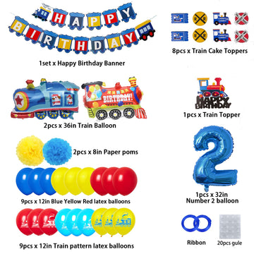 Train Birthday Party Decorations Blue Yellow Red Decorations With Railroad Balloons Garland,Train Birthday Banner,Train Balloons