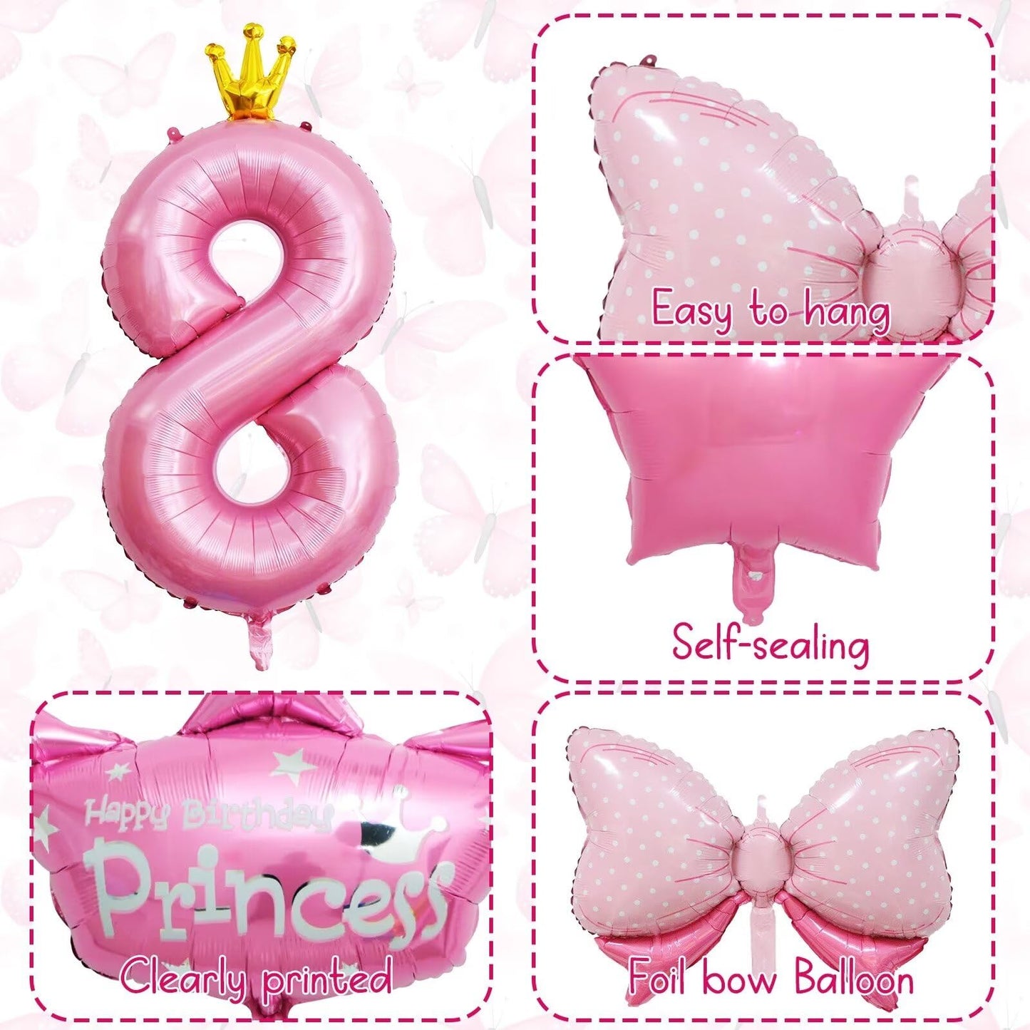 Pink 8Th Birthday Decorations, Pink 8Th Birthday Balloon Set With 40 Inch Pink Number 8, Large Helium Foil Mylar Princess Crown Balloon, Pink Bow Foil Balloons For Girls Birthday Party Decoration
