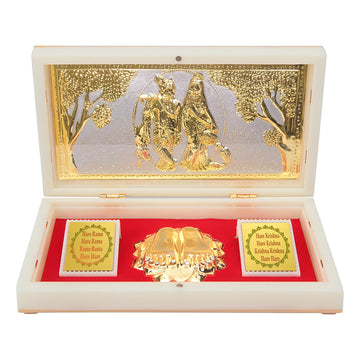 ARNAVIRA Radha Krishna Gold Plated Photo Frame with Charan Paduka Pocket Temple for Diwali Gift,House Warming Gifts Return Gift 