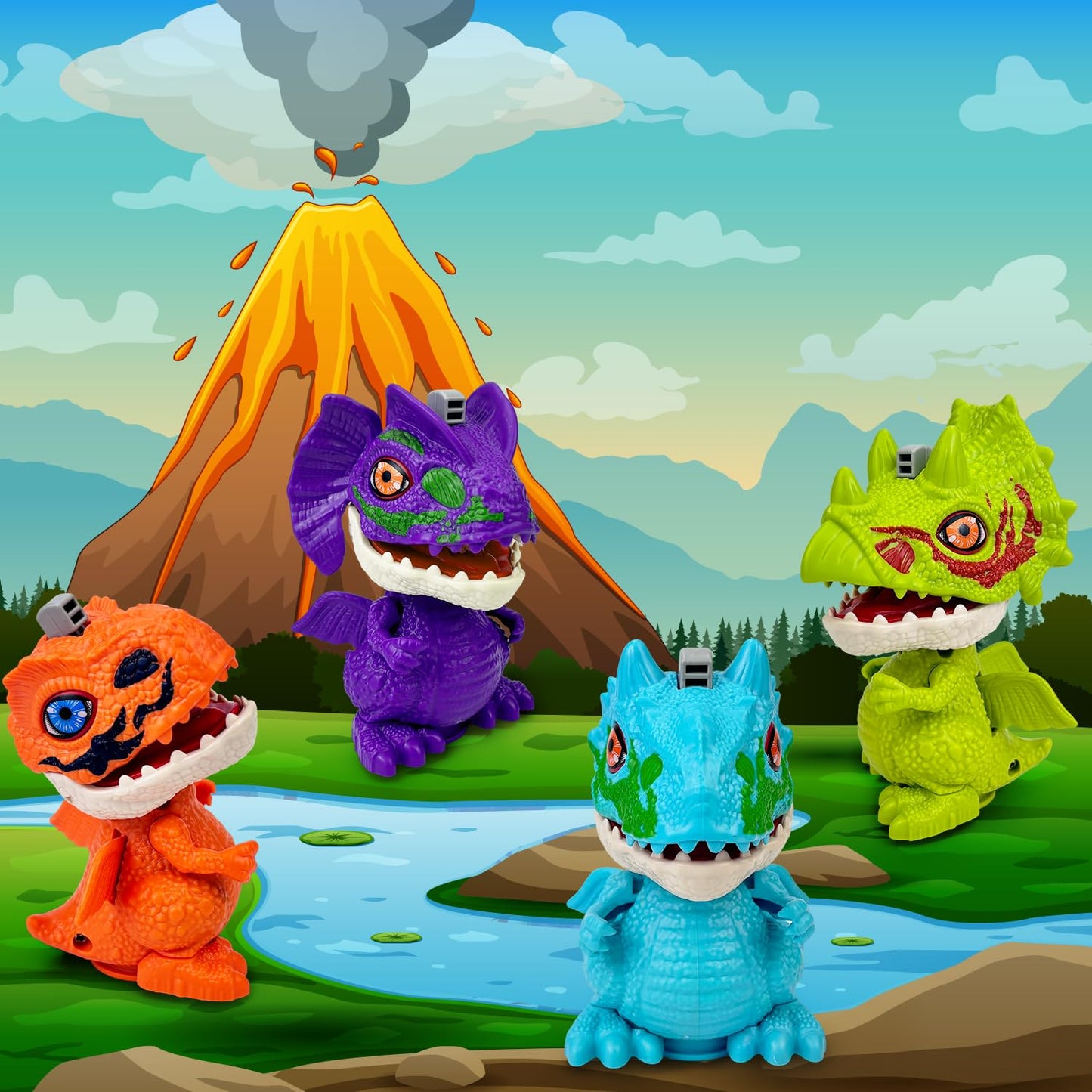 Birthday Toys Gifts for 3 5 6 7 8 Years Old Toddler Boys Girls, 4 Pack Wind up Spin & Flap Dinosaur Toys - 360 Rotating Dino Fig