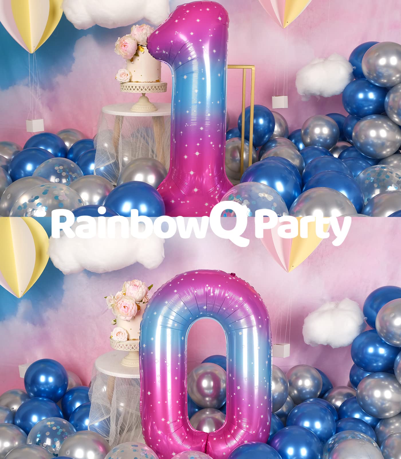 Rainbowq Party 10 Balloon Number 40 Inch For Boy Or Girl Big Starry 0-9 Foil Mylar Large 10 Number Balloons Happy 10Th Birthday
