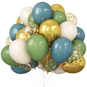 Green Blue Balloons Sage Beige Gold Balloons Jungle Woodland Party Decorations Dusty Blue Green White Balloon 60Pcs 12Inch Latex