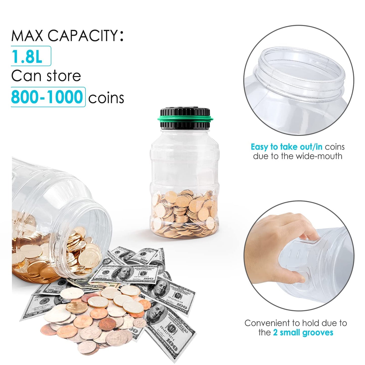 Large Piggy Bank For Adults Kids, Vcertcpl Digital Coin Counting Bank With 1.8L Capacity, Great Coin Bank Money Jar For Adults Kids With Saving Goals, Bank For All Us Coins (Green)