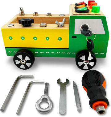 Toddler Montessori Busy Board - Wooden Educational Toy With Lights, Switches, Relay, Key, Bulbs, Sensory Board On Wheels - Presc