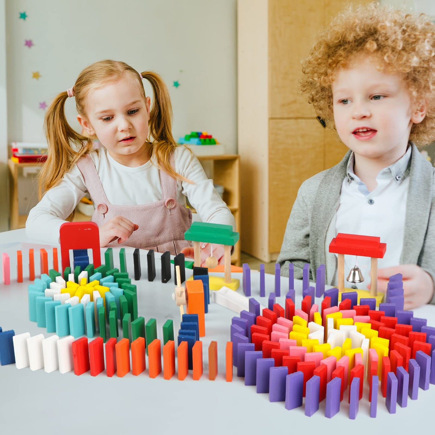 1000 PCS Bulk Dominoes Set for Kids with Extra 11 Blocks  Wooden Building Blocks 10 Colors Dominoes Racing Tile Games Educational Toy for Kids Birthday Party with Storage Bag