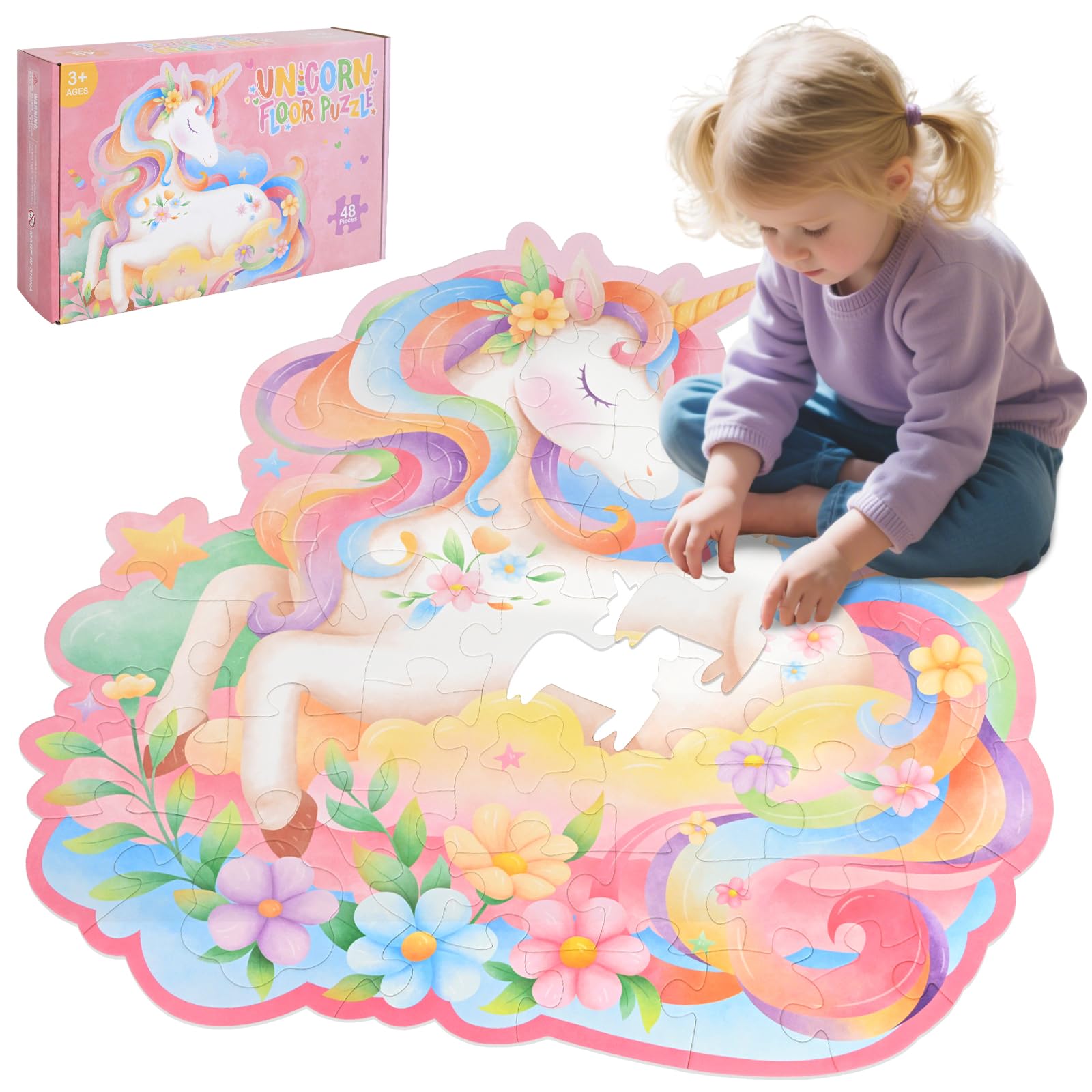 Unicorn Floor Puzzle for Kids Ages 2-8 - 48 Large Pieces, Perfect for 4-6 & 6-8 Years, Ideal as Unicorn Party Decorations & Magi