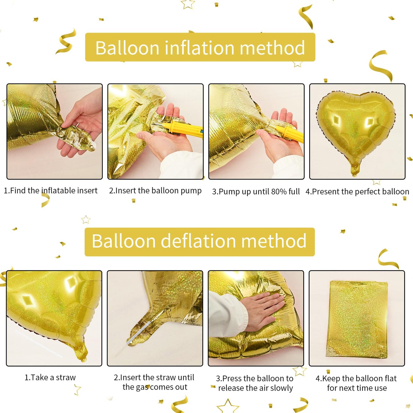 Biapian Gold Heart Balloons, 10Pcs Glitter Gold Heart Shape Balloons Foil, 18Inch Valentines Love Balloons Helium For Valentines