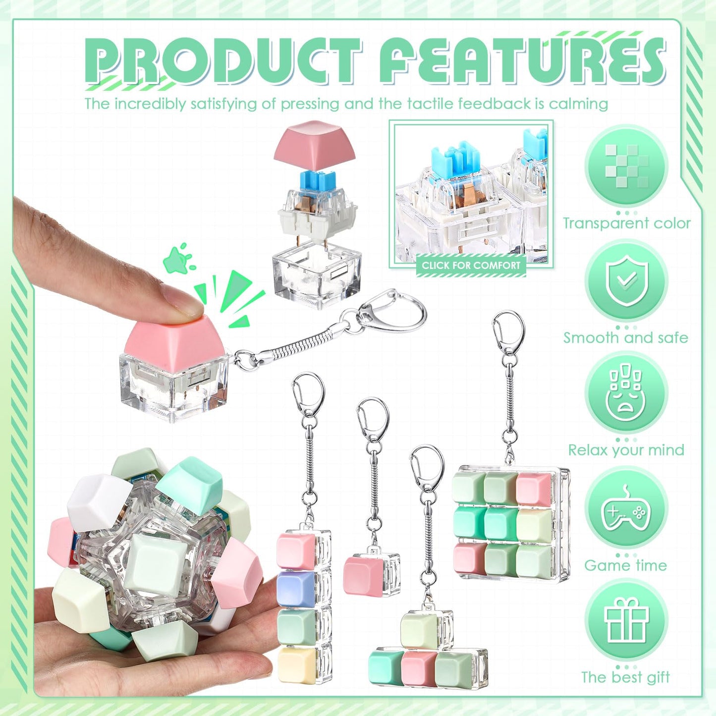 Halloscume 5 Pcs Keyboard mature-themed Fidget Toy Clicker Toy in 5 Styles Keyboard Fidget Keychain Cube Mechanical Key Button Clicker Stress Relief Gift for Office Home Pass Time(Fresh Color)