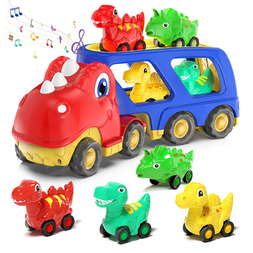 Toddler Car Toy for 2 3 4 5 Years Old, Dinosaur Transport Carrier Truck with 4 Pack Small Pull Back Dino Car, Friction Power Veh