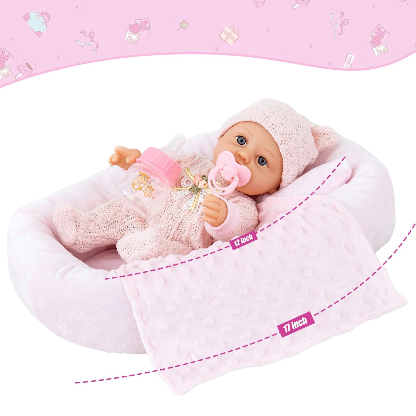 12 Inch Baby Dolls Set With Accessories And Clothes,Newborn Girls Baby Doll With Soft Sleep Bassinet Bed Crib Pillow Blanket Pac
