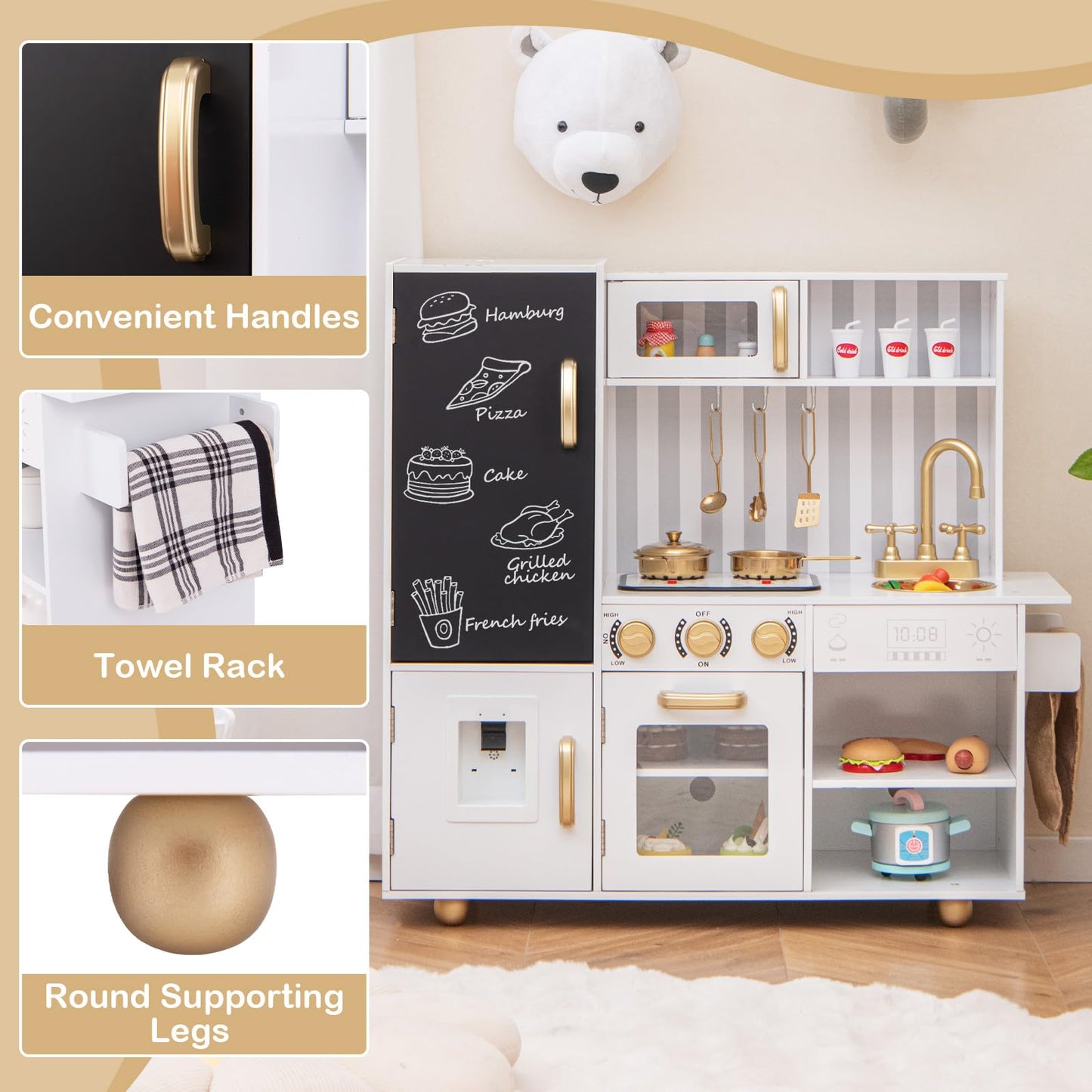 Costzon Play Kitchen For Kids, Wooden Toy Kitchen Set With Stoves, Microwave, Blackboard, Water Dispenser, Cooking Accessories,