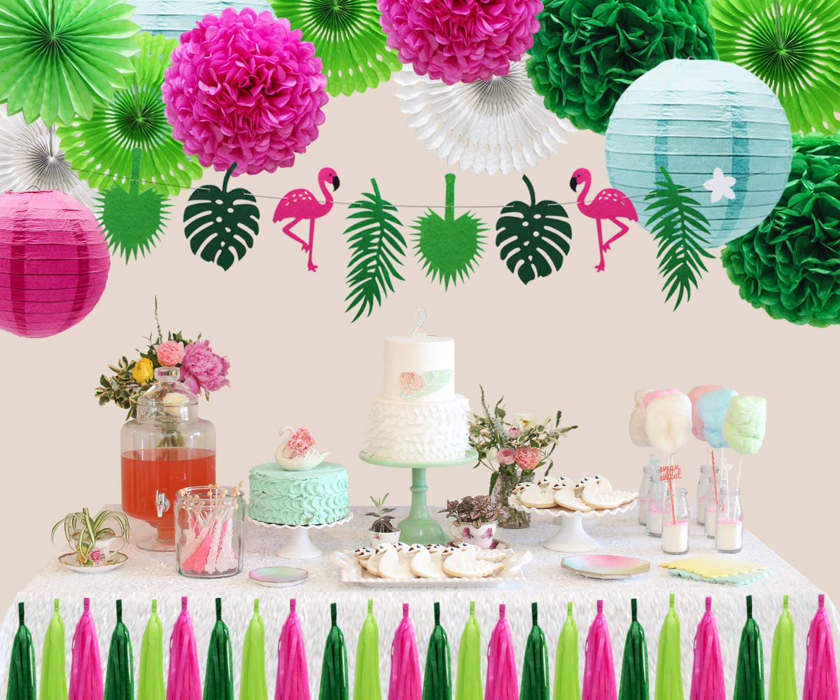 Adlkgg Tropical Flamingo Palm Leaf Banner Party Decorations, Hanging Paper Fans Paper Lanterns Pom Poms Flowers Tissue Tassels F