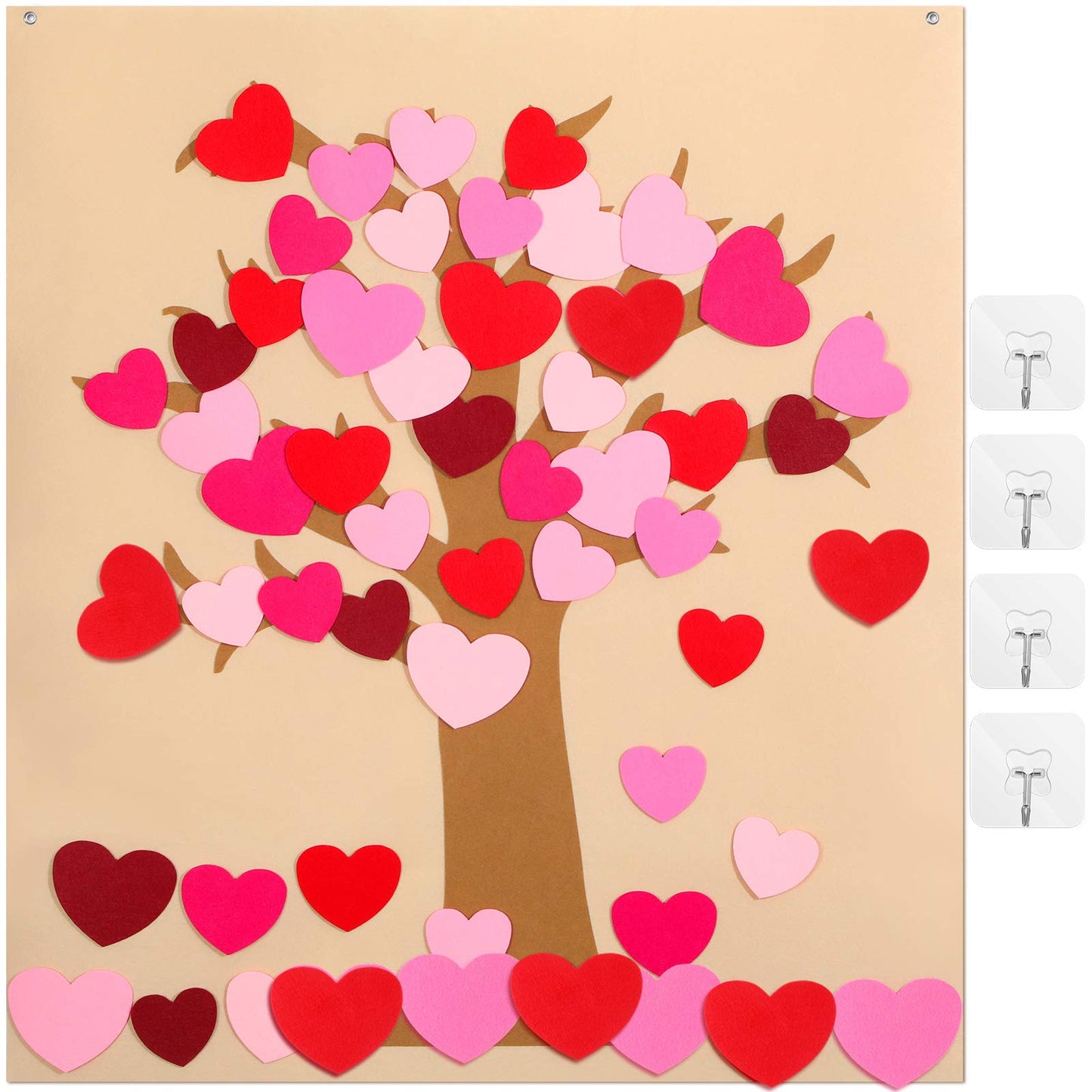 Boao 50 Pieces Detachable Heart Ornaments DIY Felt Valentine Tree Set with 4 Transparent Wall Hooks Valentines Day Hanging Deco