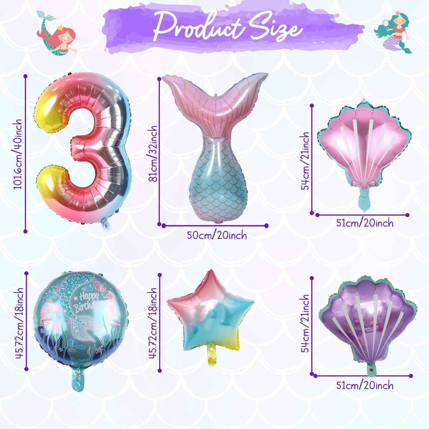 Mermaid 3Rd Birthday Decorations, 8Pcs Mermaid Birthday Decorations Balloons, 40 Inch Rainbow Number 3 Balloon, Large Helium Foil Mermaid Tail Balloon, Seashell Balloons For Mermaid Party Supplies