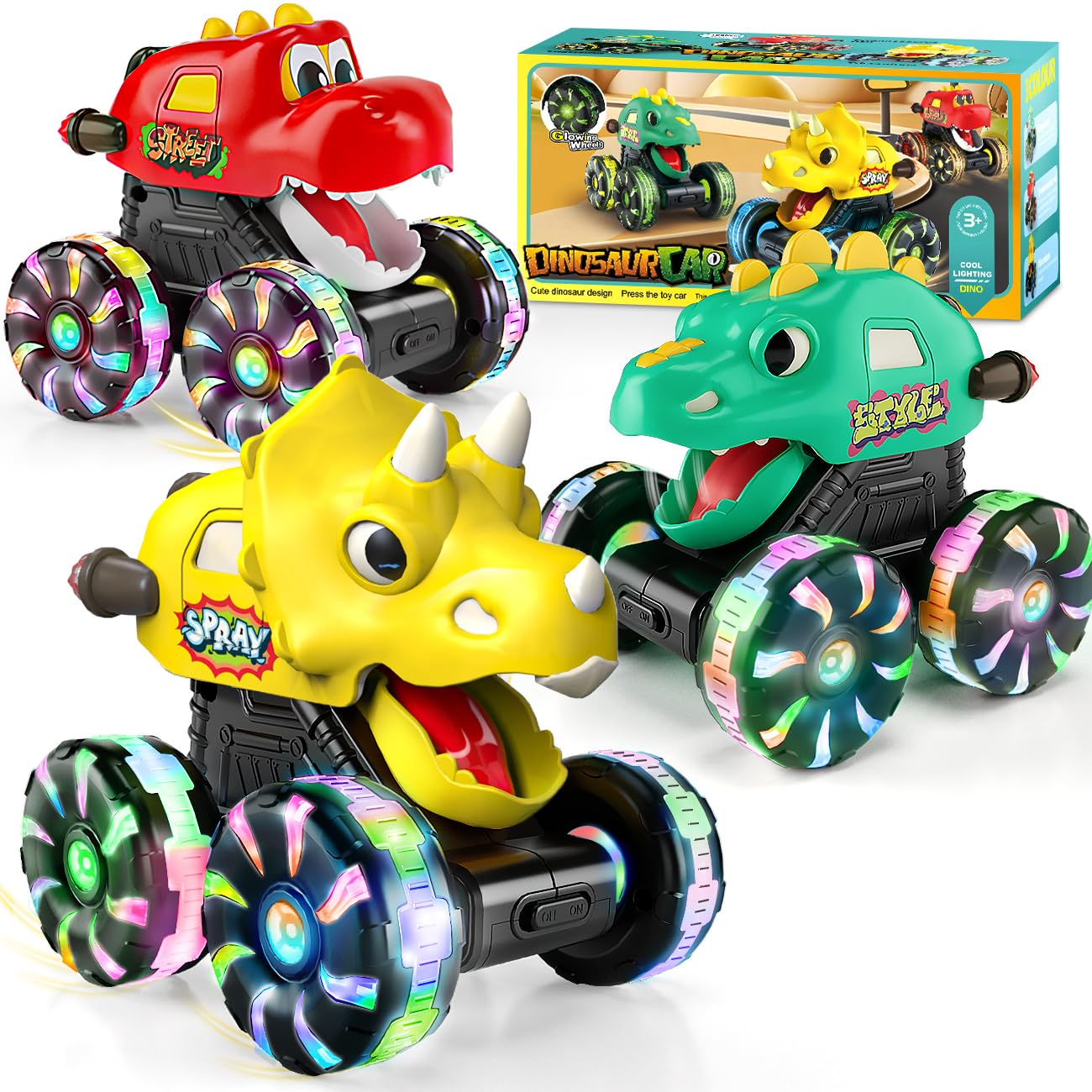 Dinosaur Monster Trucks for Toddlers 2-4:Toy Cars 3 Pack for Toddler Age 1-3,Light-Up Truck with Moving Mouth, Fun Car Toys for 