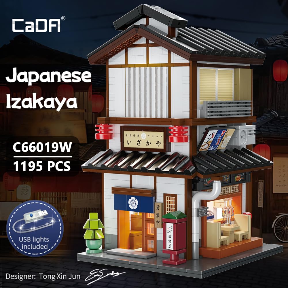 CaDA Japanese Style Yakitori Izakaya House Building Set, 1195PCS, Medium, C66019W, Modular Brick Kit with Lights for Adults