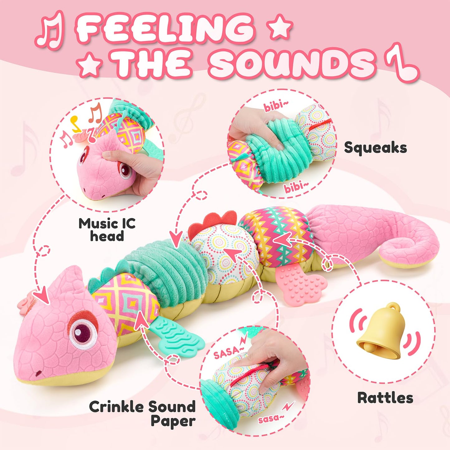 Awotoy Baby Toys 0-6-12 Months, Musical Stuffed Animal Activity Soft Toys With Multi-Sensory Crinkle,Rattles And Textures,Infant Baby Girl Toys Gifts For Newborn Tummy Time,Dinosaur,Pink