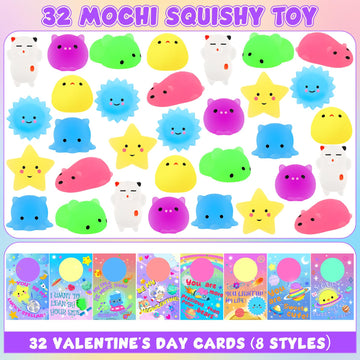 Oliker 32 Pack Valentines Day Cards With Cute Mochi Squishy Toys, Glow In The Dark Kawaii Mini Squishies Stress Relief Toys, Val