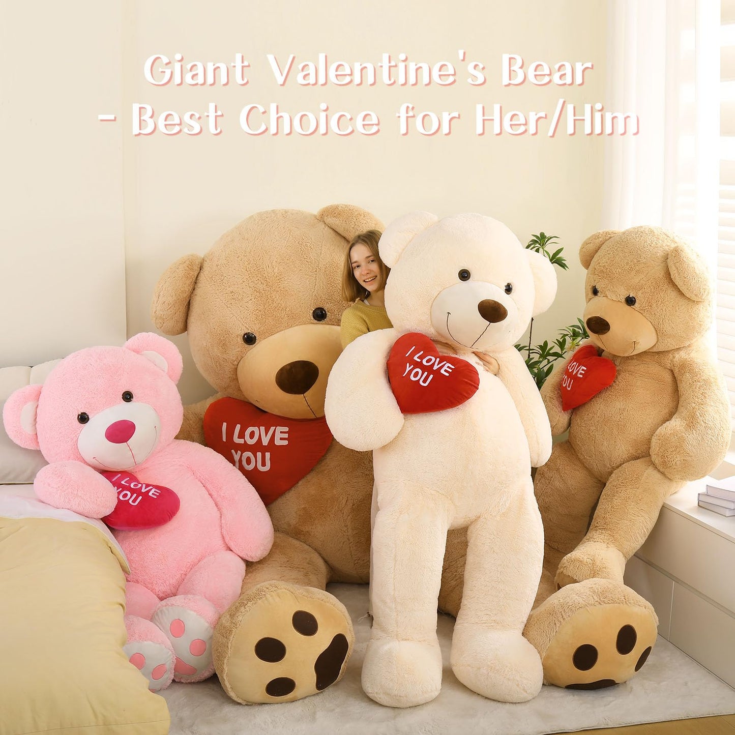 BENINY Giant Teddy Bear 36" - Brown Fluffy Stuffed Animal with "I Love You" Embroidery - Perfect for Valentine's Day Gifts