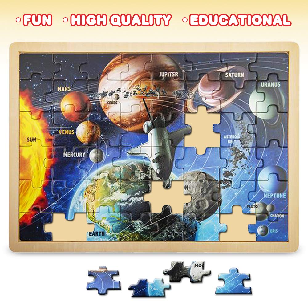 Gamie 48-Piece Wooden Space Puzzle For Kids With Storage Tray, Wood Solar System Puzzle For Boys And Girls, Educational Learning Toys, Best Stem Activities For Children