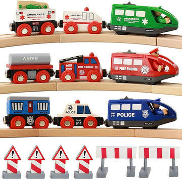 On Track Usa Wooden Train Set For Toddlers Battery Operated Action Rescue Trains With 3 Magnetic Motorized Engines And 6 Cars, Compatible With Thomas, Brio, Melissa And Doug