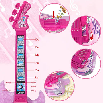 Takihon Guitar And Microphone Set For Kids,Guitar Toys With Music&Colorful Light,Adjustable Height Microphone With Stand,Karaoke