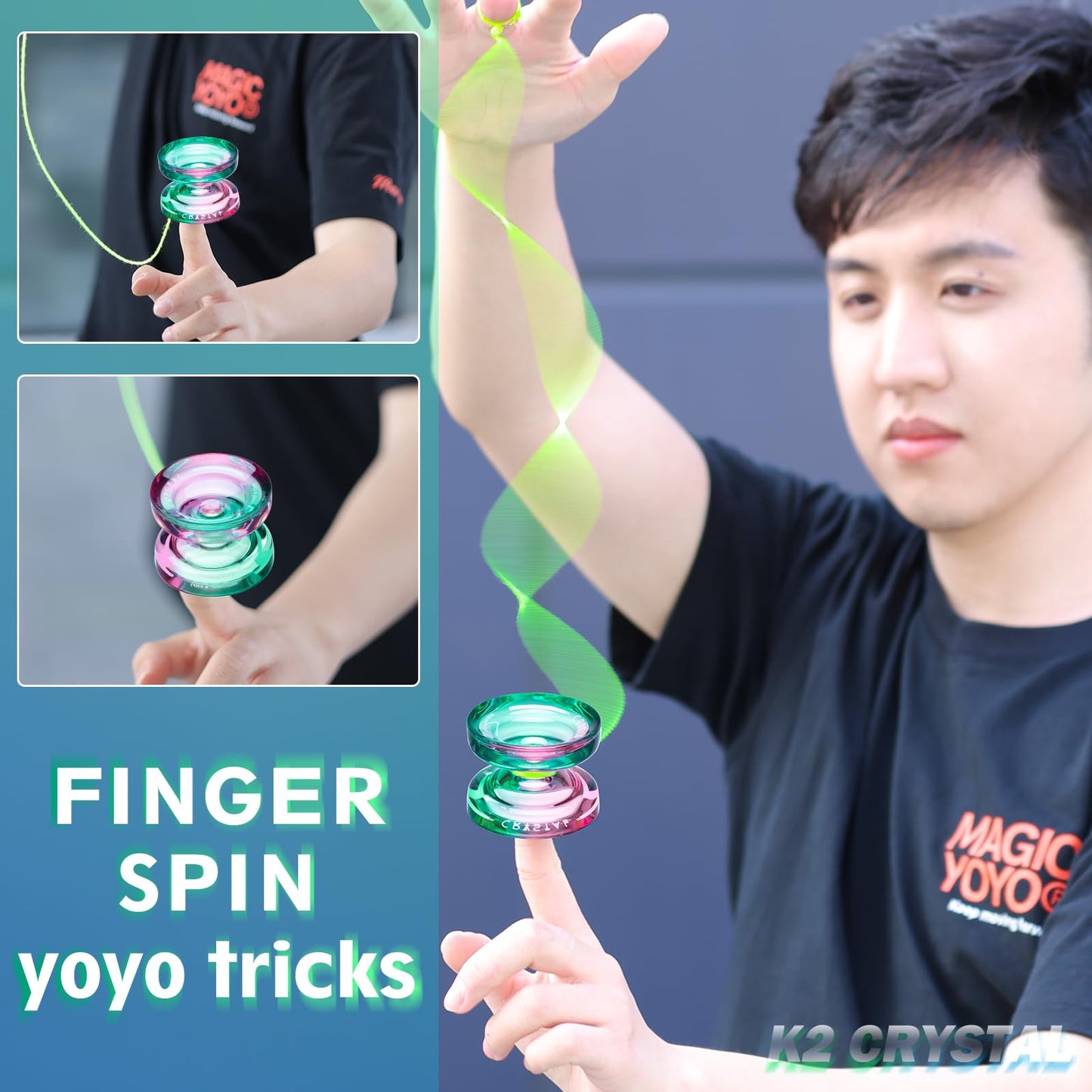 K2 Crystal Yoyo Professional Responsive Yoyo For Kids Beginners, Dual Purpose Yo-Yo With Unresponsive Yoyo Bearing For Adults + Extra 12 Yoyo Strings + Yo Yo Case + Bearing Kit(Green Pink Gradient)