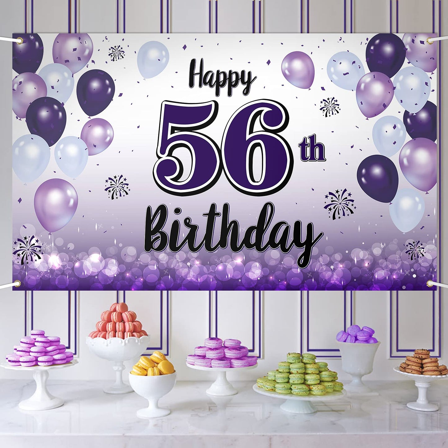 LASKYER Happy 56th Birthday Decorations,56th Purple Balloon Large Birthday Banner Backdrop Sign,56 Years Old Bday Party Supplies