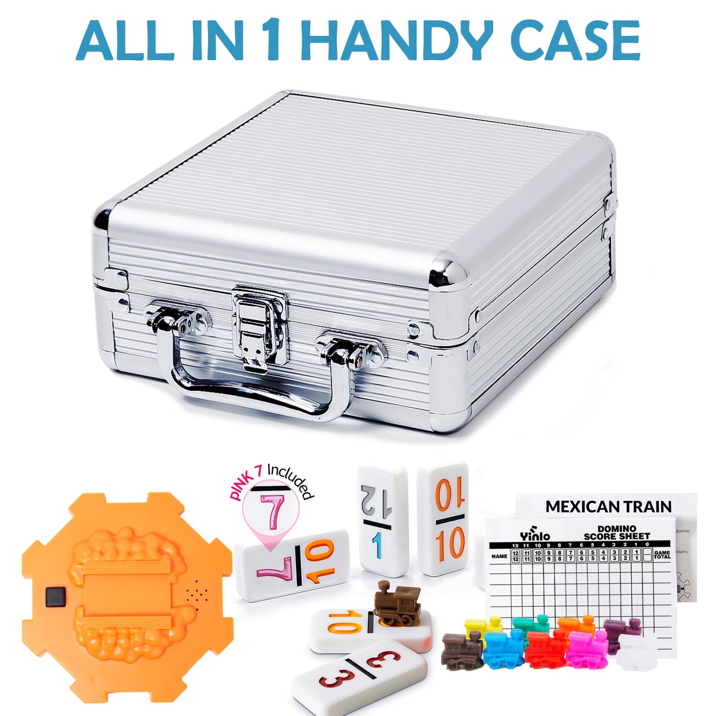 Yinlo Mexican Train Domino Set - 91 Double 12 Colored Tiles with Sound Effect, Travel Game in Aluminum Case, Orange