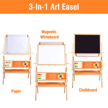 Omotiya 3-In-1 Wooden Easel For Kids, Toddle Double-Sided Easel With Magnetic Whiteboard And Painting Blackboard, 360° Rotatable, Paper-Roll Holder, Storage Tray, And Stickers Included