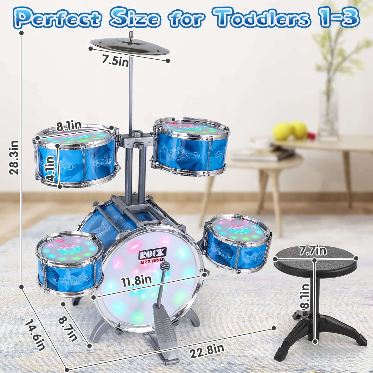 Kids Drum Set For Toddlers With 5 Jazz Drum Kit & Lights (Vibrating-Controlled) & Alloy, Musical Instruments Toys, Boys Gifts Fo