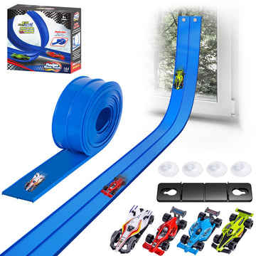 15 Ft Flexible Race Car Track for Kids, Double-Sided Racetrack for 1:64 Diecast Cars Toys, Rolls Up Portable Race Tracks with 4 